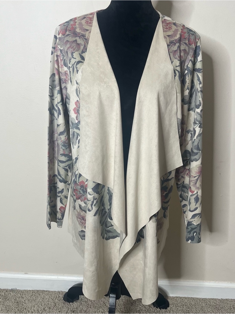 Soft Surroundings Cream Floral Draped Open-Front Faux Suede Cardigan Jacket Sz L